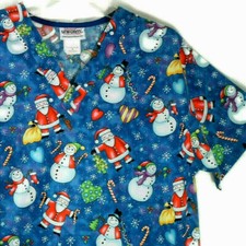 Scrub Top Christmas Santa Snowmen Size Medium Womens Unisex Jasco Uniform Blue