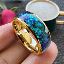8MM Tungsten Carbide Ring Shining Blue Green Opal Domed Polish Ring Band