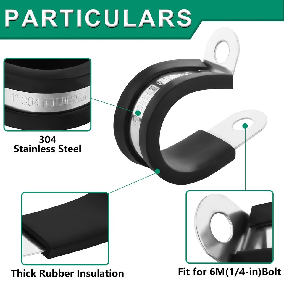 EverTrust Flexigrip Stainless Steel Cable Clamps 1-3/4" - 10 Pack With Ribbed Rubber Lining