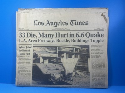 Los Angeles Times January 18, 1994 33 Die In 6.6 L.A. Quake Historic Newspaper