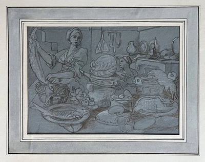 Tableau Dessin "Scène de cuisine animée" D'après Jeremias van Winghe - Photo 1/4