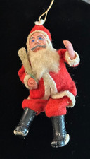 Vintage / Antique Clay Face and Hands Santa Christmas Ornament Felt Suit 5" Long