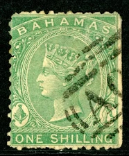 Bahamas 1863 QV One Shilling Green Wmk CCC Perf 12½ Scott #15 VFU I199