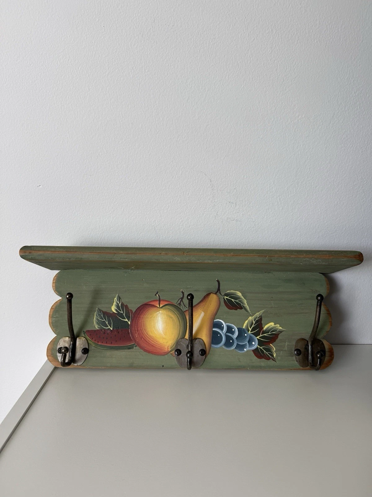 Rustic Farmhouse Style Wooden Floating Shelf with Metal Hangers Hand Painted