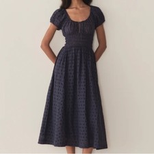 Doen Quinn Cotton Short Sleeve Midi Maxi Dress Adriatic Eyelet Blue Navy