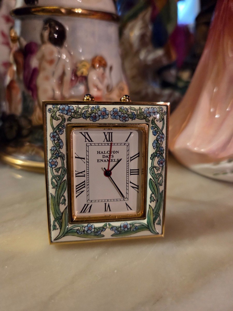 Halcyon Days Enamel Travel Desk Alarm Clock with Floral Forget-me