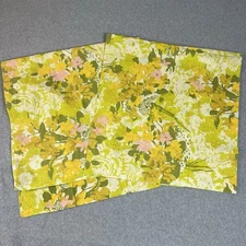 Vintage Lady Pepperell King Pillowcase Set Green Yellow Floral Groovy MCM Retro