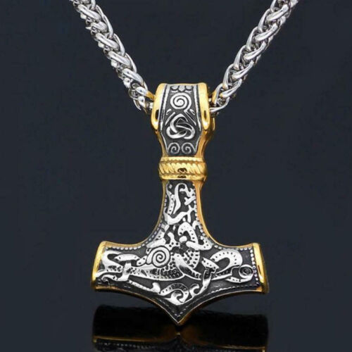 Men's Titanium Steel Gold Norse Thor Hammer Pendant Necklace - Picture 1 of 5