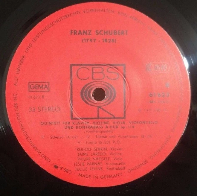 Schubert-Quintet Forellenquintett/Serkin/Jaime Laredo/Parnas CBS Germany 1975 NM - Image 4 of 4