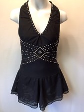 NEW Designer Crystalled Black Gathered Mesh Figure Skating Dress Ladies Small