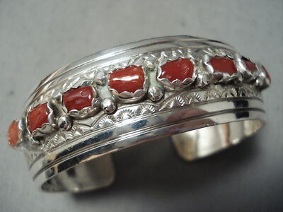 Incredible Vintage Native American Navajo Coral Sterling Silver Sun Bracelet Incredible Vintage Native American Navajo Coral Sterling Silver Sun Bracelet