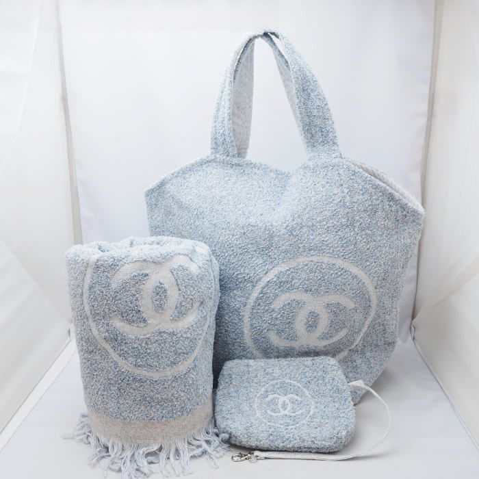 Chanel Light Blue Cotton Beach Bag Set with Towel Pouch Tote Blanket A77770 Authentic