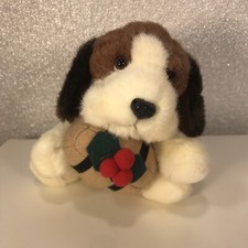Vintage Small Russ Berrie Duke St Bernard Dog 5  Christmas Holiday Holly Barrel