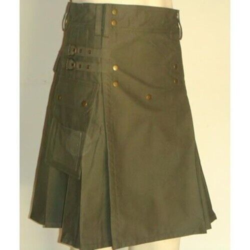 Herren Scottish Utility Kilt Olivgrün Baumwolle Cargo Taschen Rock Highland Kilt - Bild 1 von 8