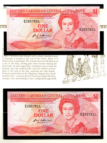 East Caribbean St. Lucia $1 1988 P-21l UNC w/FDI UN FLAG STAMP 2 CONSECUTIVE