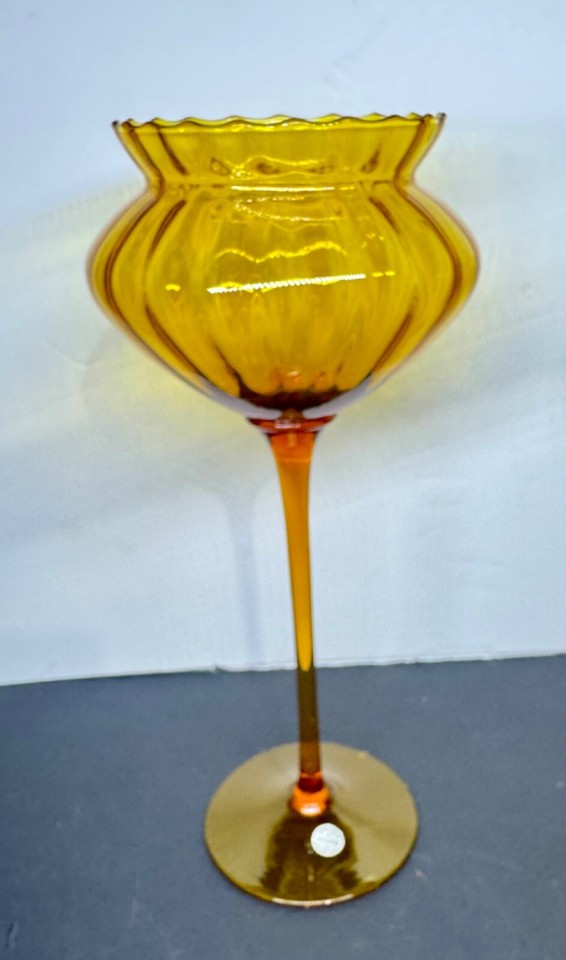 (1) Vintage Empoli 16” TALL Elongated Stem Amber Optic Glass Footed