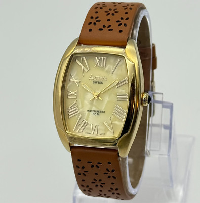 Women's ACTIVA Gold Tone Classic Analog Watch, Swiss Parts, Brown Band, 33mm