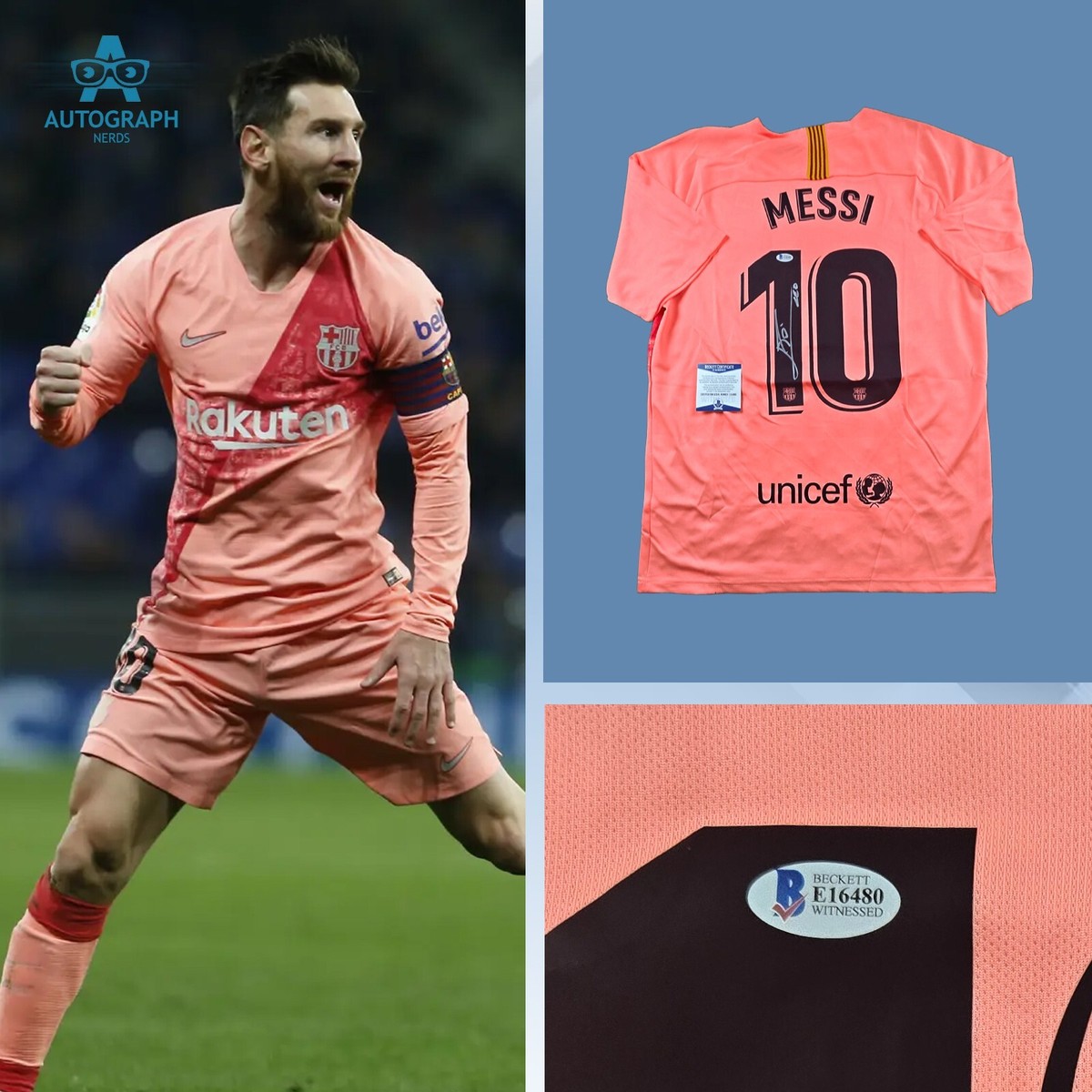 Lionel Messi Signed FC Barcelona 2018/2019 3rd Away Pink Jersey W/ COA  Beckett