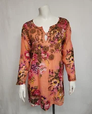 Simi Size L Women's Floral Embroidered V-neck Slit Sides Cotton Tunic