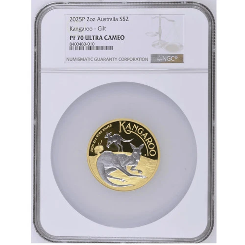 2025 Australia Kangaroo 2 oz Silver Reverse Gilded Coin NGC PF 70 UCAM