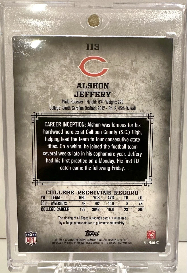 ALSHON JEFFERY 2012 TOPPS INCEPTION 113 RC AUTO /99 CHICAGO BEARS Rookie - Image 2 of 2