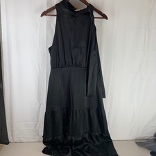 Nicole Miller Midi Dress Womens 14 Black Satin Tiered Mock Tie Neck