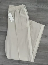 M&S WOMENS ECRU CREAM HIGH WAISTED WIDE LEG SIDE STRIPE TROUSERS Size 14 Long