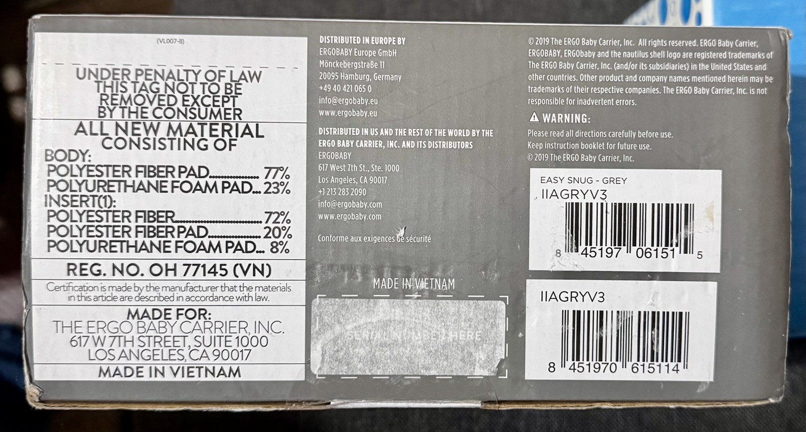 Ergobaby Infant Insert for Baby Carrier NEW Cotton Grey