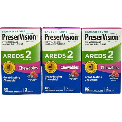 (3) PreserVision AREDS 2 Formula Eye Vitamin, 60 Chewables. Mixed Berry 08/2026+