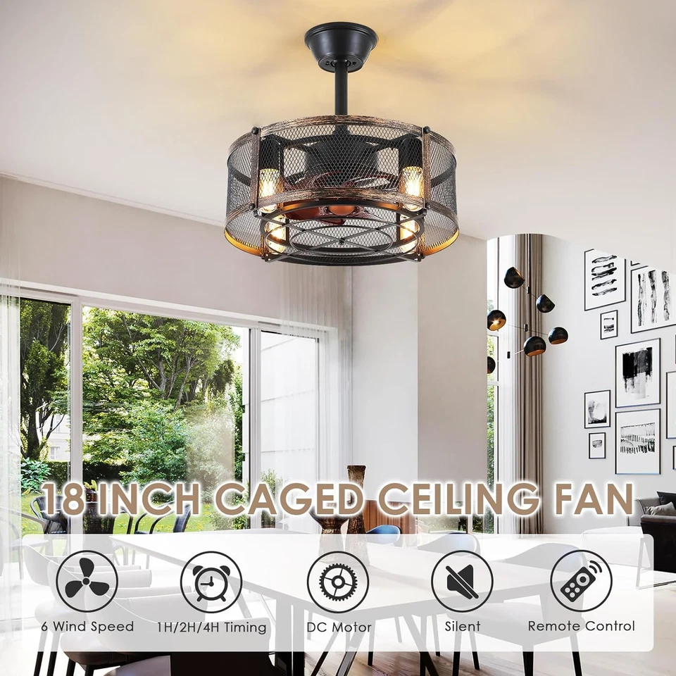 Caged Ceiling Fan with Light, 18 Inch Farmhouse Fandelier Ceiling Fans for Kitch - Image 2 of 4
