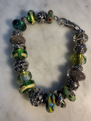 Authentic Complete Trollbeads Bracelet with Beads greens, Prism,poppy