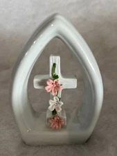 Porcelain White Easter Cross with flowers Figurine Ressurection Easter 5"