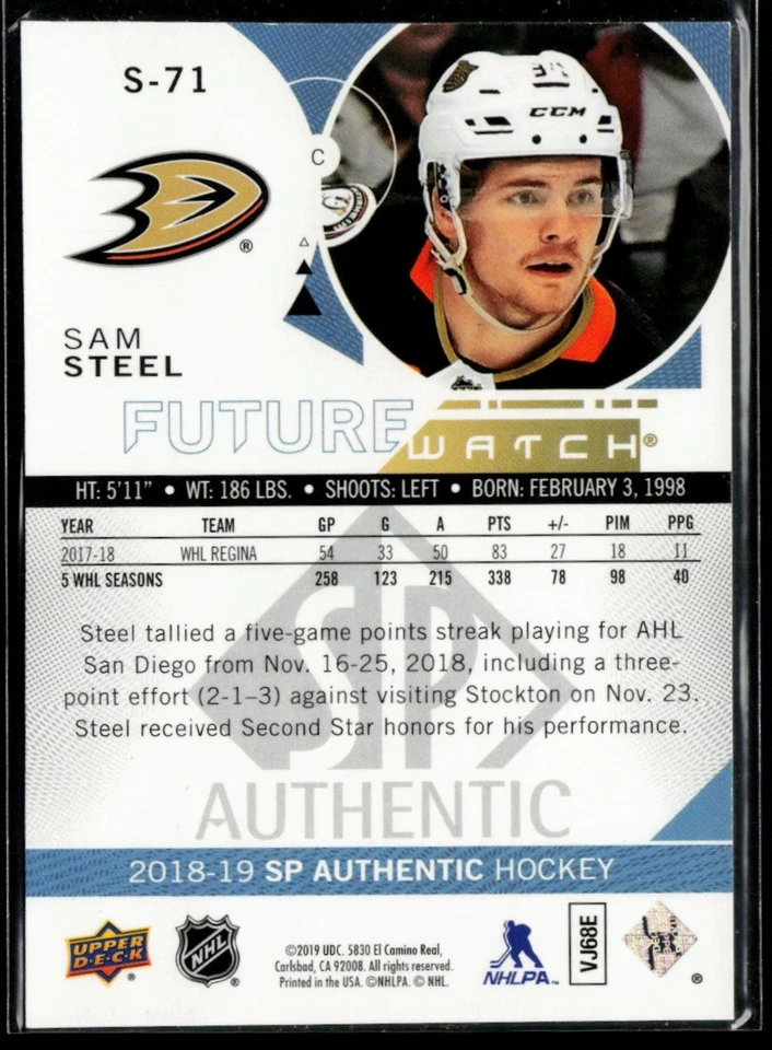 2018-19 SP Authentic Spectrum FX Gold #S-71 Sam Steel RC 02/50 - Image 2 of 2