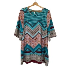 Win Win Boho Multicolor Tunic Sz L Women’s Wide Sleeve Shirt Scoop Neck Blue Red