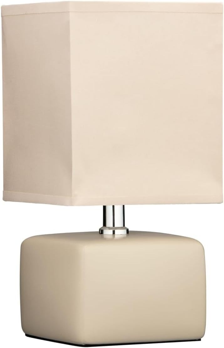 Bedside Table Lamp Square Ceramic Base Fabric Lampshade Bedroom Desk Lamp, Cream