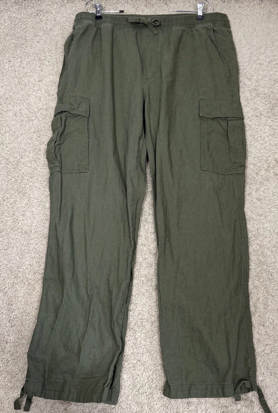 Lands End Pull On Army Green Linen Blend Cargo Pants Men's XL Lounge Comfort