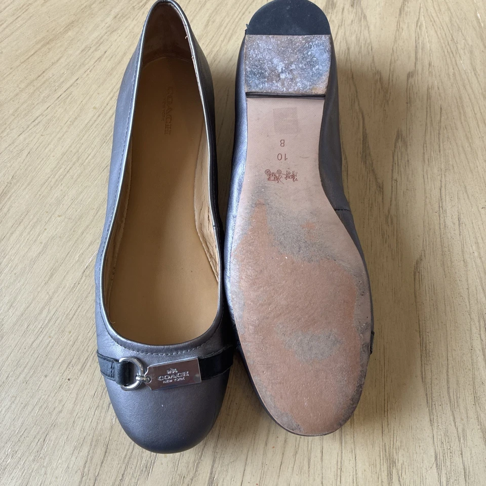 Zapatos planos de ballet Coach Ultman Metcalf peltre logotipo plateado rayas negras informales talla 10 Foto 3 de 4