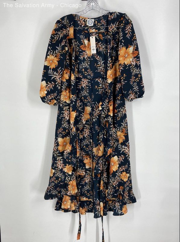 Francesca’s Womens Navy Blue Orange Floral 3/4 Sleeve Wrap Dress Size Medium