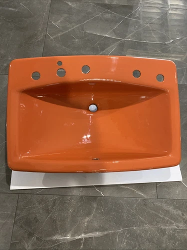 NEW! Rare! Vintage Cast Iron Tiger Lily Orange Porcelain Drop In Sink 28x19