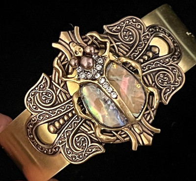 Scarab Bracelet Egyptian Revival Jewelry Abalone Rhinestone Beetle Brass Cuff