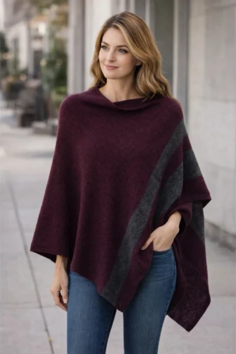 Celeste Wool Cashmere Pullover Poncho Wrap Burgundy Sweater Gray One Size FX1