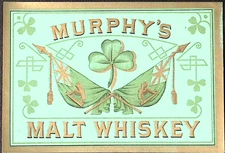 Pre-Prohibition Unused MURPHY'S MALT WHISKEY Label, Alcohol, Four-Leaf Clover