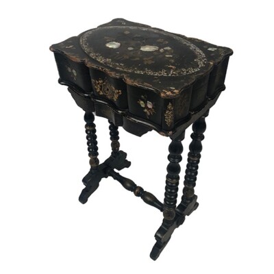 Travailleuse époque Napoléon III – Bois Noirci à Décor De Fleurs – XIXe Siècle – Bureau Ancien