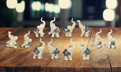 12-Piece Cute Ivory Elephant in Different Poses 4''H Mini Ivory Figurine