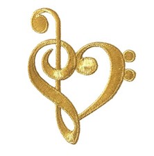  5209 Gold Love Music Treble  Bass clef Heart Iron On Embroidery Applique Patch