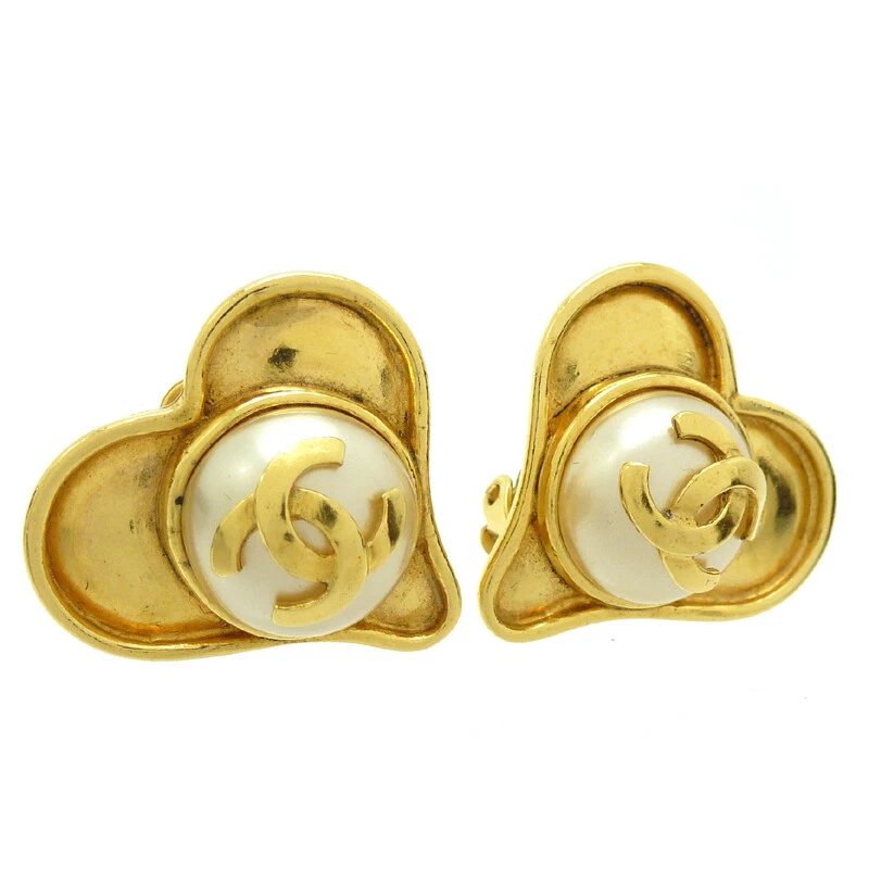 Chanel Earrings Women 95P Coco Heart Pearl GP Gold authentic Rare W/Box