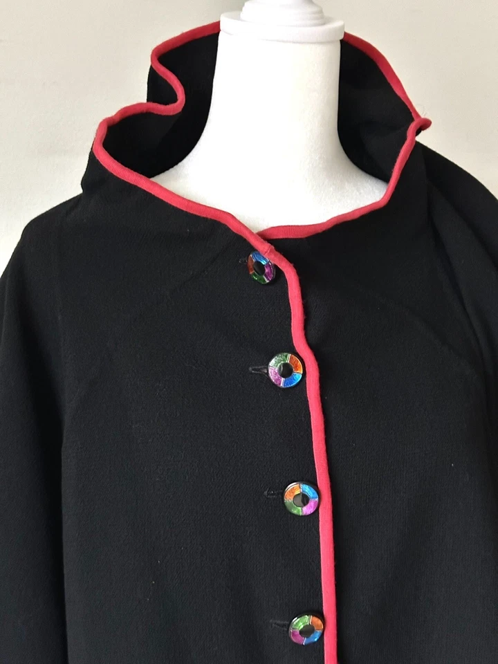 Vintage Geoffrey Beene Swing Coat Black Wool with Red Trim, Rainbow Buttons - Image 3 of 4