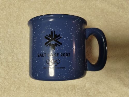 SALT LAKE CITY 2002 OLYMPIC MUG BLUE WITH WHITE SPOTS AND BLACK RIM VERY NICE - Picture 1 of 3