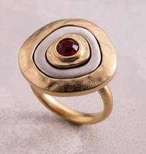 Art Designer Silver 925 Gold 24K Plated 3 Circles Abstract Ring Red Stone Sz 9