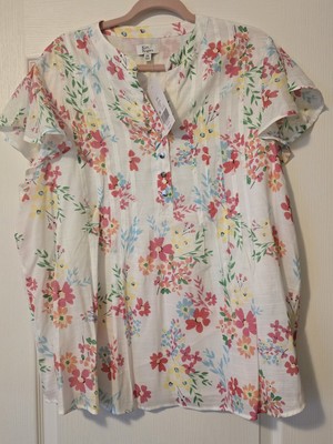 NWT XXL Women's Kim Rogers Floral Lined Short Ruffle Sleeve Shirt MSRP 